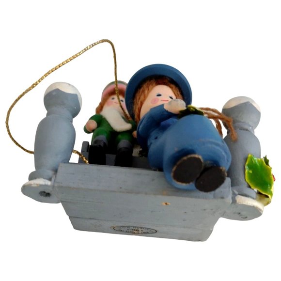 Vintage Handpainted Wooden Christmas Ornament Children Sitting On Steps - Picture 3 of 8